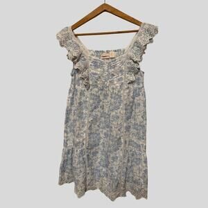 Rachel Ashwell Blue Toile Eyelet Cotton Nightgown Small Sleeveless Ruffle Trim